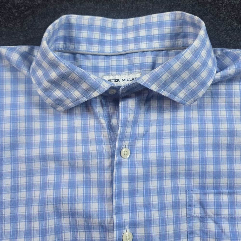 Peter Millar Mens Blue White Gingham Long Sleeve Button Down Dress Shirt Size XL - Picture 2 of 9